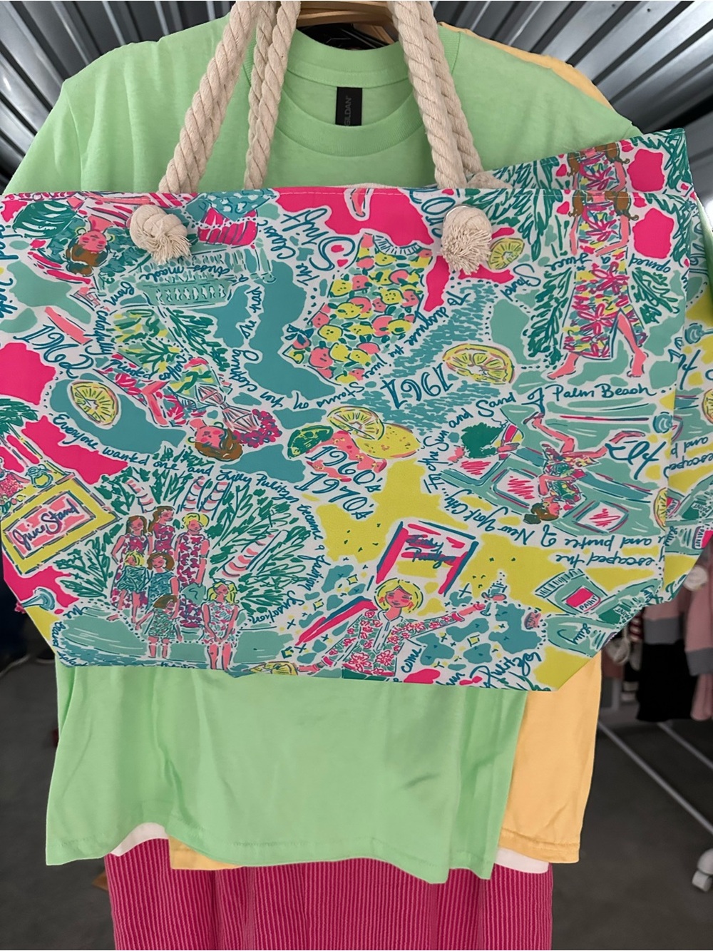 Tropical Print Rope-Handle Beach Tote – Pink, Teal & Yellow